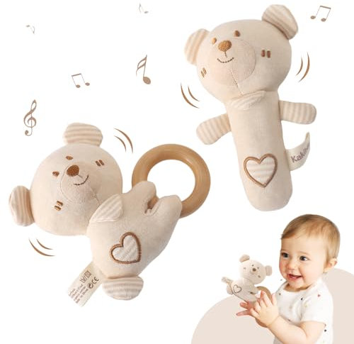Youuys 2 Stück Rassel Baby, Babyspielzeug 0-6 Monate, Babyrassel mit Sound, Greifling Baby, Baby Rassel für Neugeborenes Junge und Mädchen Geschenk zur Geburt (Bär)