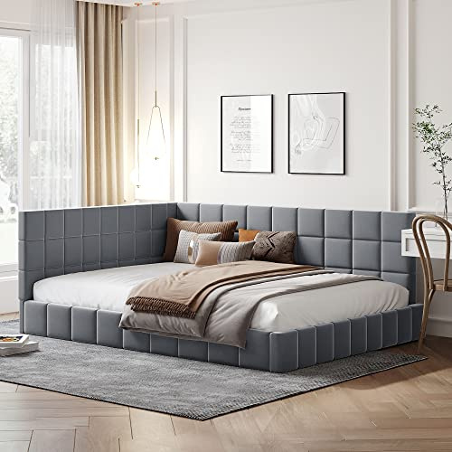 QVUUOU Grounded Daybed Upholstered Sofa Bed with Lattice Styling, Full Size Wooden Frame for Kids & Adults Bedroom Furniture, Velvet Fabric Upholstered Bed (Gray)