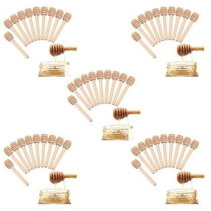 5 Set 10x Wooden Honey Spoon Dipper Stick Drizzler Server for Maple Syrup Jam 8 cm, Natural Wood