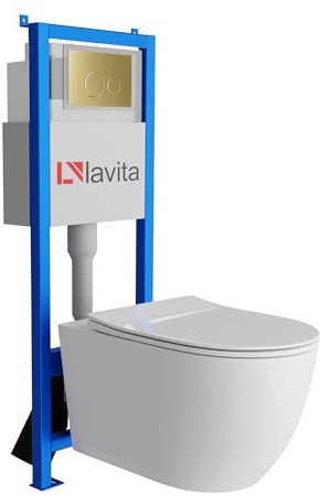 Lavita LAV 101 Vorwandelement für WC 40cm + Wand Hänge Tiefspül WC SINTO GRANDE Weiß Spülrandlos + Bedienplatte LAV 200.4.5 Gold | Komplettset | Unterputz Spülkasten | Toilette Komplett Sett