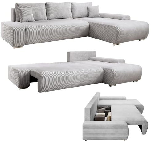 Juskys Sofa Iseo Rechts mit Schlaffunktion - Stoff Couch L Form für Wohnzimmer, bequem, ausziehbar - Schlafsofa Ecksofa Eckcouch Schlafcouch Hellgrau