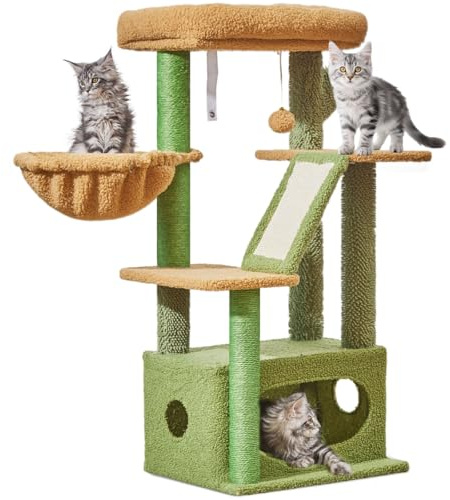 Taoqimiao Cat Tree, 98cm Cat Tower for Indoor Cats, Small Cat Tree | Cat Tree for indoor Cats with Cat Condo, Adjustable Basket and Luxurious Perch, Green MS029ST