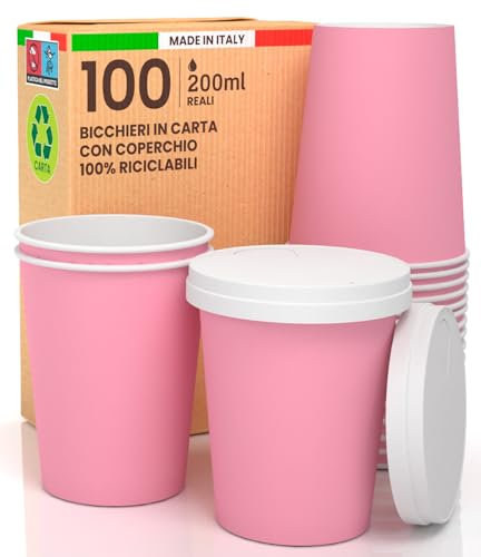100 Bicchieri Caffè ASPORTO in Carta Rosa 200ml con COPERCHIO in Carta Bevande Calde e Fredde Tè Infusi Acqua Cappuccino Ecologici Biodegradabili Tazze Monouso Colorate + 100 Coperchi con Beccuccio