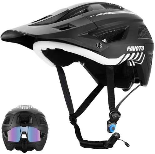 Favoto All-Terrain cykelhjälm - dubbel Inmould-teknik, lätt cykelhjälm med visir för vuxna CE-certifierad, L 59–61 cm, justerbar, svart, vit