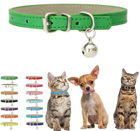Grünes Kätzchenhalsband mit Glöckchen, weiches PU-Leder, kleine Hundehalsbänder, verstellbare Schnalle, für XXS, XS, XS, XS, M, winzige weibliche Männer, Jungen, Mädchen, Haustiere, Welpen, Katzen,