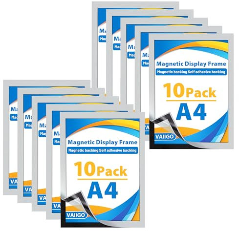 VAIIGO 10 Stück Magnetrahmen A4 Selbstklebend Aufklappbar mit Magnetverschluss, Informationsrahmen magnetisch, Blatthalter für Poster, Dokumente, Diamond Painting, Wanddekoration, Silber