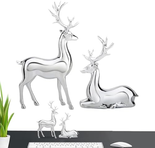 Fuuxtci Deko Hirsch Silber Stehend, 2 Stück Rentiere Weihnachten Deko, Silberne Hirsch-Weihnachtsdekoration, Silberne Hirschfigur Für Heimdekoration, Kunsthandwerk, Kunstharz-Skulptur