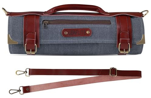 Leaflite Leather Knife Roll Bag – Chef Knife Bag with 7 Pockets – Durable Crazy Horse Leather Knife Roll for Professional Chefs – Portable Knife Storage Case