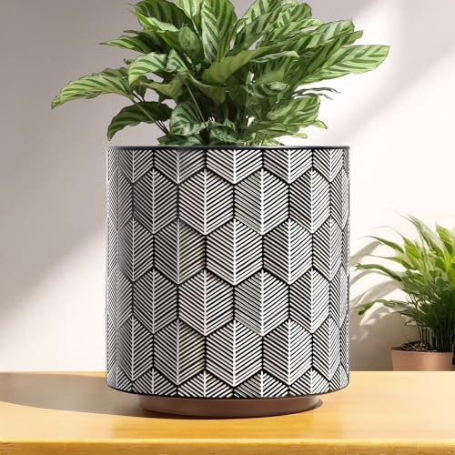AmiCera Modern Flower Pot Hexagonal Pattern, Boho Planter for Indoor Plants, Decorative Flowers Plant Pot with Drainage, Eclectic Succulents Gardening Pot, Funky Gifts, Black