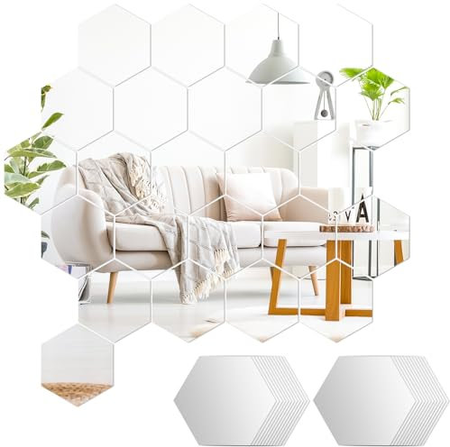 24 Stück Spiegelfliesen Selbstklebend, Hexagon Spiegel zum Kleben, Klebespiegel Fliesenspiegel Acryl Spiegel Wand für Zimmer,Schlafzimmer Aesthetic,Bett,Wall,Living Room,Flur Deko