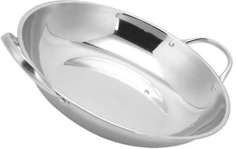 Garneck Stainless Steel Flat Bottom Dry Pot Hot Pot Wok 24cm Double Handle Wear Resistant Kitchen Cookware for Household Stir Fry and Multi-function Cooking