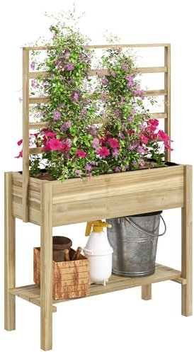 Fioriera Outsunny su gambe, orto su gambe, con traliccio, fori di drenaggio e ripiano inferiore, aiuola rialzata in legno, 88 x 37 x 137 cm, legno naturale