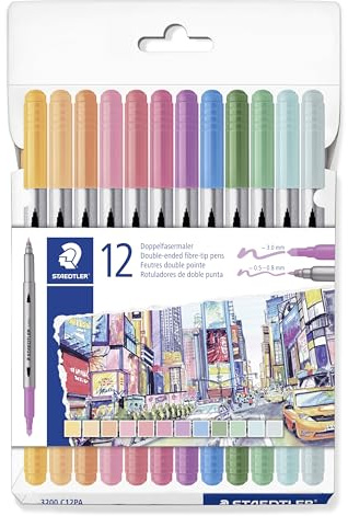 STAEDTLER 3200 Doppelfasermaler pastell, zwei Spitzen für schmale und breite Linien, Etui mit 12 Doppelfasermalern in sortierten Farben, 3200 C12PA
