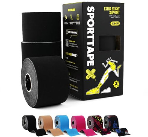 SPORTTAPE 3 Rollen Kinesiologie Tape Schwarz - 5 cm × 5 m – elastisch & wasserfest Physio/tape sport, hautfreundlich Baumwolle, starke Haftung, selbstklebend, latexfrei für Muskel- & Gelenk-Support