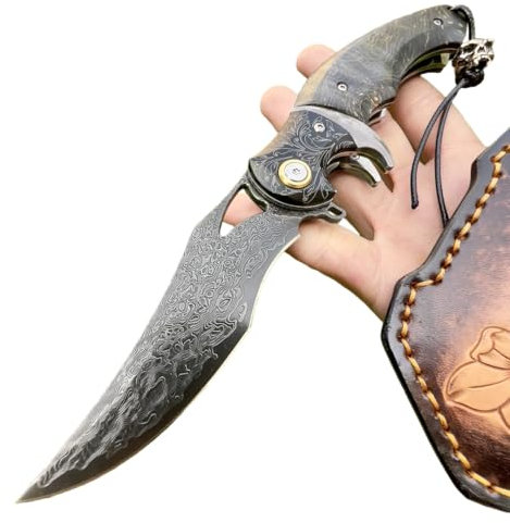 Obespina Magnifique Couteau Pliant Poche Luxe Acier Damas Noir Japonais 67 Couches VG10 Bois Stabilisé Perle EDC Etui Cuir Collection Cadeau Homme Artisanat Forgé Massif Camping Randonnée