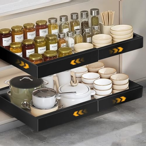 VINATO Teleskopschublade, Ausziehbare Schublade KüChe, Verstellbare Breite (32-52 Cm B X 42 Cm T X 7.5cm H), Slide out Drawer mit Klebefolie, Schrankauszug KüChe, Schwarz