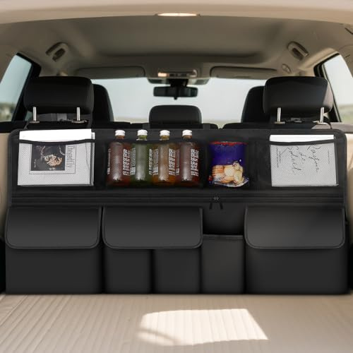 BAVATEE Organisateur De Coffre De Voiture, Rangement Coffre De Voiture 9 poches, Amenagement Van avec fermeture Attache en tissu(105 x 51 cm)