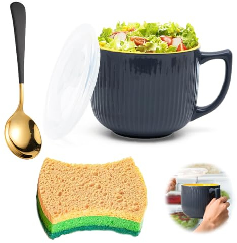 Soppskål med handtag, keramiska soppskålar med handtag och lock, 900 ml stor soppkopp för soppa, kaffekopp stor, för mikrovågsugn, diskmaskin, kök och bord (mörkgrå)