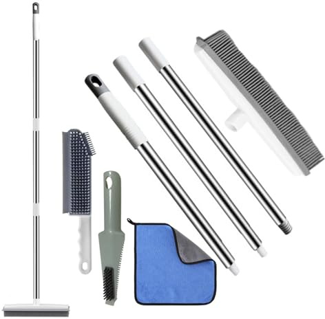 2 in 1 Rubber Broom with Squeegee,Adjustable Long Handle Rubber Brush,Floor Scrubing Brush,Push Broom for Pet Cat Dog Hair Removal,Indoor/Outdoor Floor Brushes for Carpet Yard Window Tiles