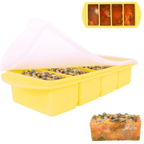 Lotvic Confezione da 1 vassoio in silicone per congelatore, 1000 ml, con coperchio, 4 scomparti, per 4 porzioni da 1 tazza, vassoio per zuppe per preparare pasti, zuppe, salse (giallo)