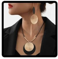 Carufin Geometric circular necklace and earring set, with black and gold accents