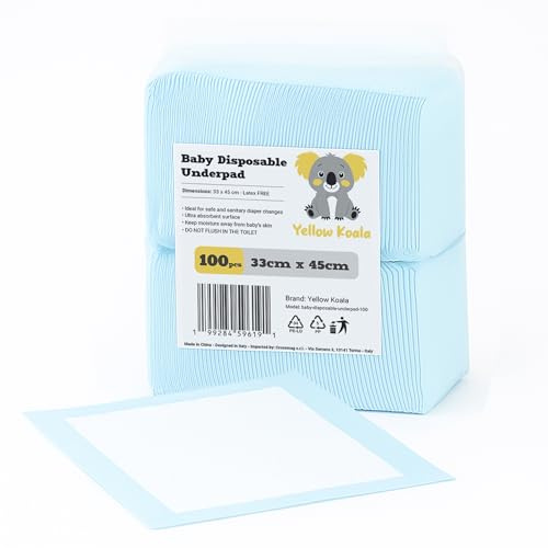YELLOW KOALA Traversine Neonato Monouso 100 Pezzi 33x45 cm – Panni Assorbenti a 6 Strati, Morbide e Impermeabili – Traversine Pannolini Usa e Getta per Fasciatoio, Incontinenza e Lettino