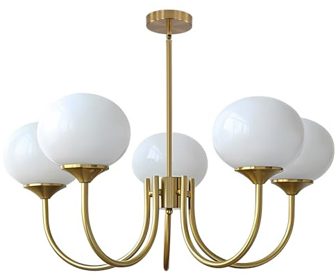 KCO Lighting Sputnik-Kronleuchter in Gold mit weißen Glaskugeln, 5 Leuchten E27 Vintage-Deckenleuchte, Moderne verstellbare Pendelleuchte für Schlafzimmer, Wohnzimmer und Küche