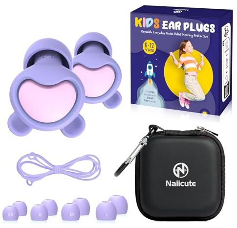 Kids Ear Plugs (6+yrs), Reusable Everyday Noise Reduction Earplugs for Focus, Travel, Socializing, Concerts, Events, Sensitivity, School, Playtime – Children Hearing Protection, 26 dB, 4 Sizes Tips