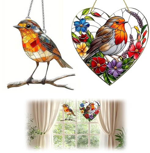2 Pcs Robin Sun Catcher, Heart Hanging Decor, Robin Gifts For Bird Lovers | Window Porch And Garden Decoration, Outdoor Hanging Decor, Home Display, Patio And Balcony Styling