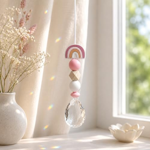 Handgemachter Sonnenfänger mit Holz- und Silikonperlen und 38mm Kristall - Geschenk zur Geburt oder Taufe