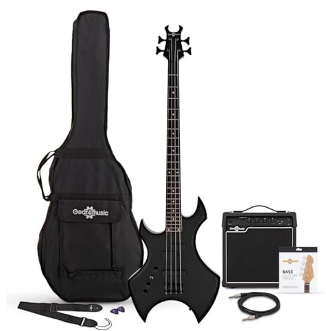 Harlem X Linkshänder-Bassgitarre + 15-W-Verstärkerpaket, Schwarz | Idealer Einstieg in Rock und Metal, Leichter Paulownia-Korpus, Pappellaminat-Griffbrett, 15W-Verstärker und Zubehör