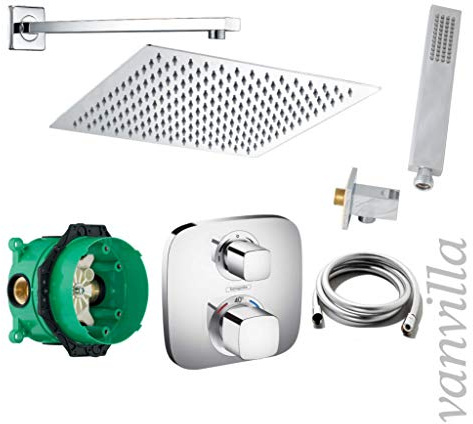 vanvilla Duschsystem Unterputz mit Duscharmatur Hansgrohe poliert HG13 | Duscharmatur von Hansgrohe Ecostat E Thermostat Armatur und vanvilla Regendusche Duschkopf eckig, Dusch-SET poliert