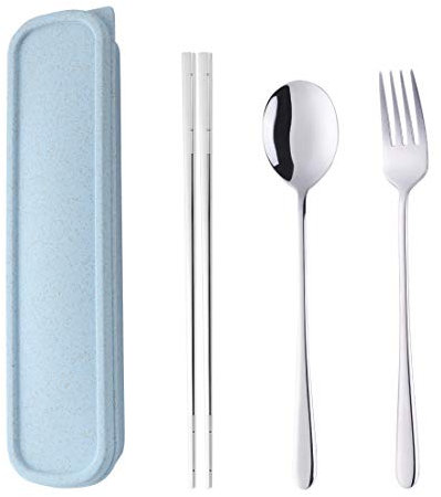 Do Buy Set di Posate Miste Acciaio Inossidabile Forchetta*1 Cucchiaio*1 Bacchette*1,Set Posate Fit all'aperto Campeggio Barbecue Scatola Ufficio Scuola Pranzo(Scatola Blu+vasellame Argento)