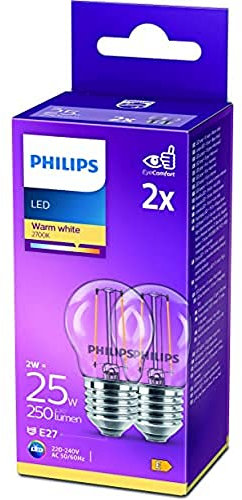 Philips Lampadina LED Sfera Filamento, 2 Pezzi, Equivalente a 25W, Attacco E27, Luce Bianca Calda, non Dimmerabile
