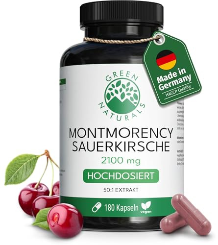 Green Naturals Montmorency Sauerkirsche – Hochdosiert: 2.100 mg Extrakt | 50:1 pro Tagesdosis · Entspricht 105.000 mg Sauerkirsch-Frucht · Aus der ganzen Frucht · 180 Kapseln