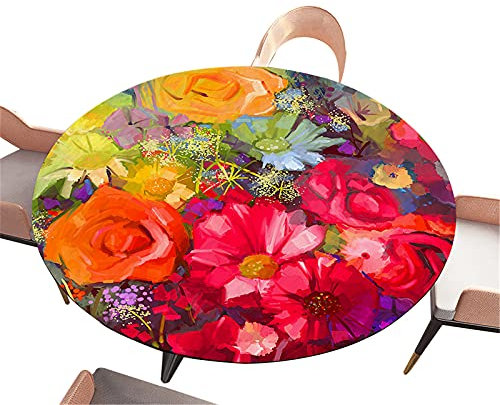 Morbuy Tischdecke Elastisch Rund, 3D Ölgemälde Drucken Gartentischdecke Tischdecken Wasserdicht Abwaschbar Abwischbar Tischtuch für Küche Garten Outdoor (Durchmesser 90cm,Rote Blumen)