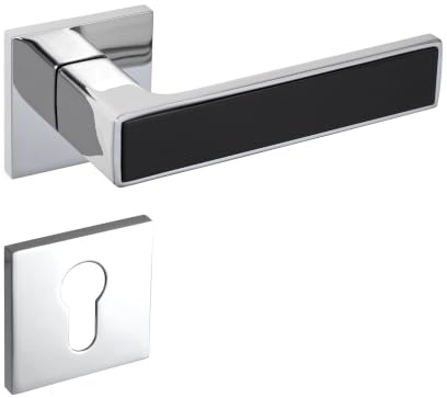 Gavroche Türgriffe Set PZ Profilzylinder | Türklinken für Innentüren in Silber Chrom und Schwarz | Drückergarnitur für Zimmertür mit eckiger Rosettengarnitur aus Zink | Türbeschlag in L-Form