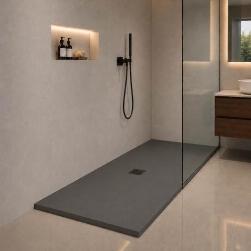 Yellowshop - Piatto doccia rettangolare in marmoresina base 70 cm h 2,5 cm HEAVY Antracite con sifone, piletta e copripiletta inox (70x90 cm)