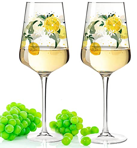 GRAVURZEILE Leonardo Puccini Weingläser mit UV-Druck - Frucht Design - Geschenk für Weingenießer zum Grillfest Sommerfest - Sommer Geschenk mit Zitrusfrucht Motiv für Sie & Ihn - Farbe: Zitrone
