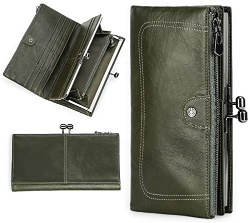 CONTACTS Damen Geldbörse Gross mit Kiss Lock,Leder Lang Geldbeutel Clutch Reißverschluss Portmonee Dunkelgrün,RFID Telefon Portemonnaie mit 13 Kartenfächer und Münzfach