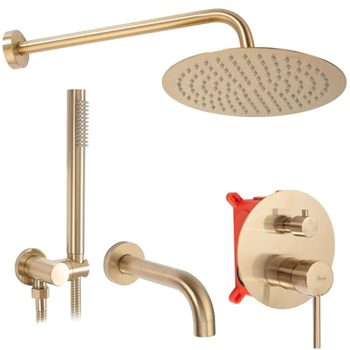 Rea Unterputz Wannen-/Duschsystem Lungo Brush Gold + BOX Duschset Duscharmatur mit Duschkopf und Kopfbrause aus Messing Duschgarnitur für Badezimmer (Gebürstetes Gold)