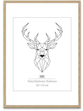 KHG Bilderrahmen Echt-Holz, Eiche, 50x70 cm, vielseitig einsetzbar | mit stabilem Glas und Passepartout, zum Aufhängen oder Hinstellen, Ideal für Portraits, Urkunden, Poster, für den Alltag