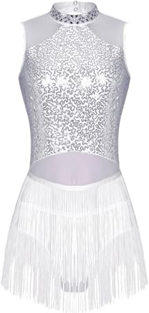Nyeemya Vestido de Baile Latino con Flecos para Mujer Vestido de Danza Tango Salsa Rumba Baile de Salón Traje de Samba Cha Cha Disfraz Bailarina C Blanco S
