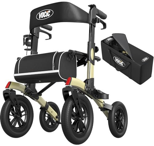 VOCIC Rollator Faltbar und Leicht mit Sitz,Outdoor Rollator mit Gummi-Nonluftbereifung für Allen Gelände,Aluminium Höhenverstellbare Rollatoren für Draußen&Langlauf&Reisen,Champagner(5 Jahre Support)