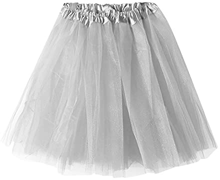 Damen Erwachsene Glitzernder Elastischer 4-lagiger Tüll Tutu Rock Fasching Karneval Kostüm Gruppenkostüm Tüllrock Grau