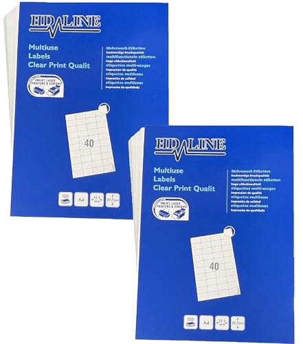 Hd-line Universal Etiketten 2 Packungen, 52,5 x 29,7 mm, 100 Blatt, 8000 Stück, selbstklebend, bedruckbar, matt, blanko Papier Klebeetiketten Aufkleber, 40 pro A4 Bogen, weiß
