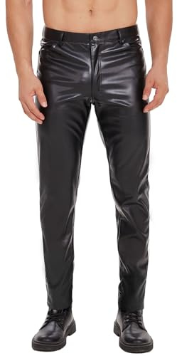 Pantaloni da uomo lucidi in pelle morbida opaca con chiusura lampo, pantaloni lunghi slim fit, pantaloni lunghi dritti casual in pelle per costume cosplay discoteca, Nero , W40