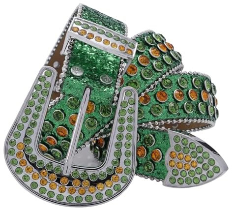 AGUTALITHIC Gelb & Grün Strass Nietengürtel Für Damen Herren Western Ledergürtel Cowgirl Cowboy Vintage Bling Gürtel Für Hosen Kleid(100cm/39, Green)