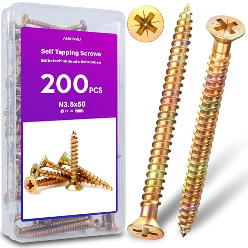ANVINKU M3.5 x 50mm Wood Screws, 200 Pcs Color Zinc Assortment, Countersunk Self Tapping Screws for Furniture Repairs