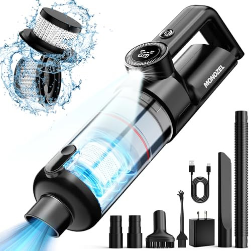 Aspiradora de mano inalámbrica – Aspiradora de coche con motor sin escobillas, aspiradora de succión fuerte de 15000 Pa con luz LED, cable tipo C y cargador, 2 fliters, aspiradora de mano portátil